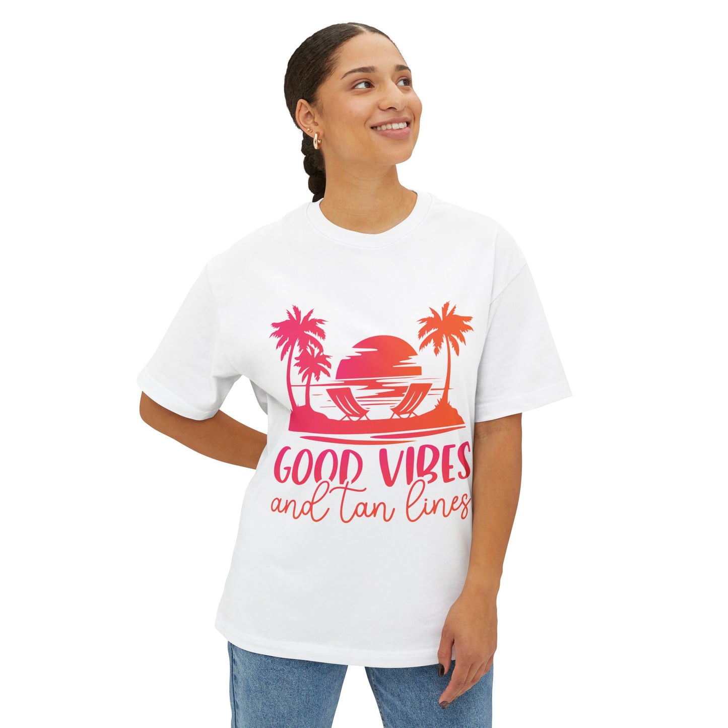 Good Vibes Oversized Tee, Tropical T-Shirt, Beachwear, Relaxed Fit Summer Top, Vacation Shirt, Gift for Beach Lovers