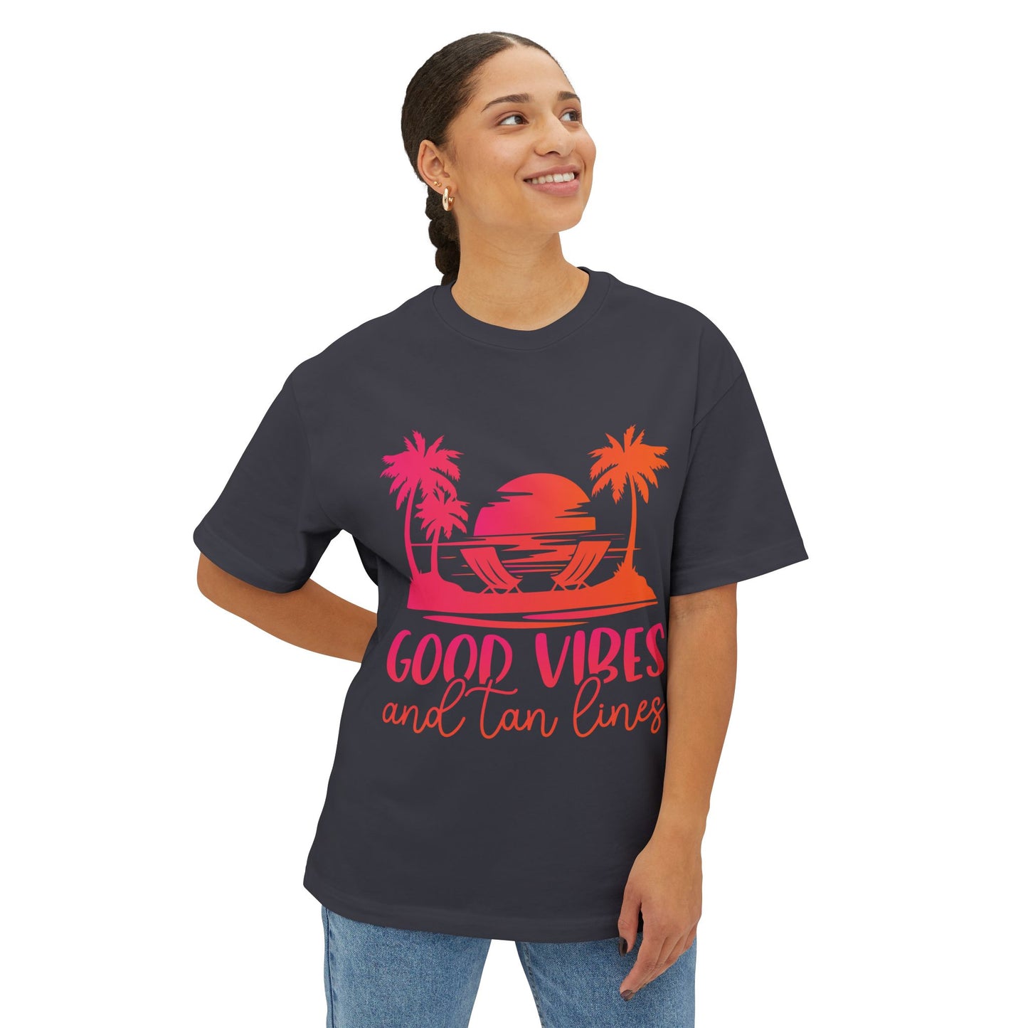 Good Vibes Oversized Tee, Tropical T-Shirt, Beachwear, Relaxed Fit Summer Top, Vacation Shirt, Gift for Beach Lovers