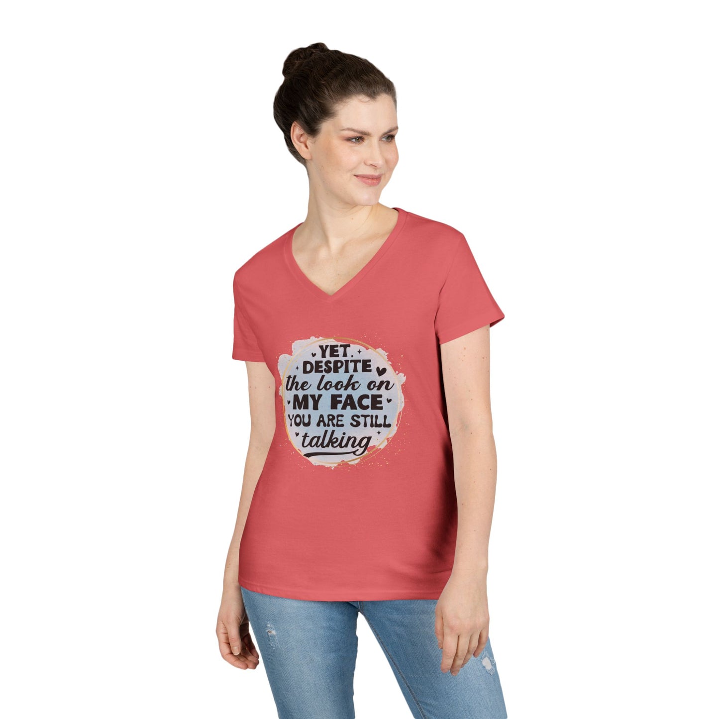 Funny Ladies' V-Neck T-Shirt - "Despite the Look on My Face" - Casual Wear, Gift for Friends, Humor Tee, Everyday Comfort, [...]