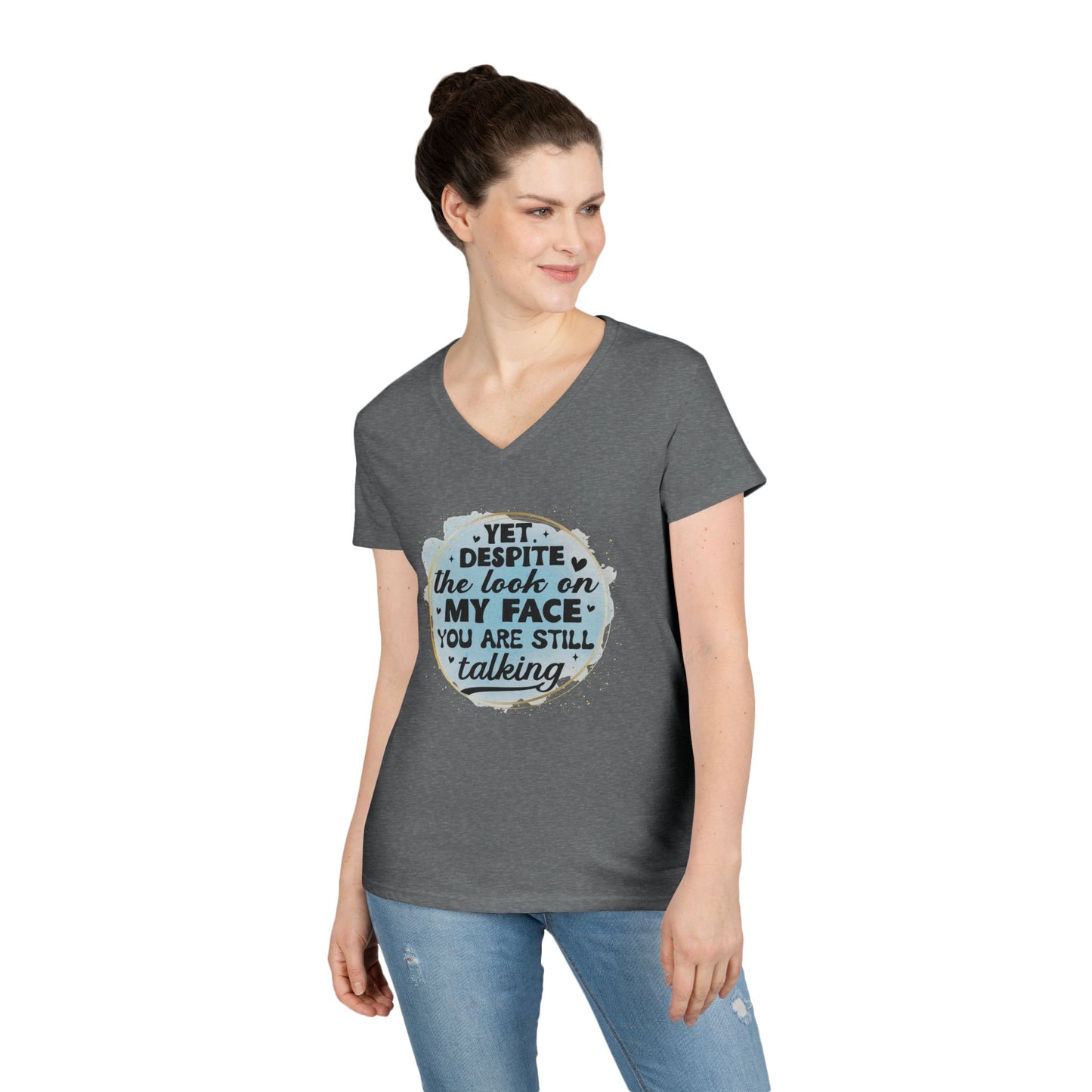 Funny Ladies' V-Neck T-Shirt - "Despite the Look on My Face" - Casual Wear, Gift for Friends, Humor Tee, Everyday Comfort, [...]