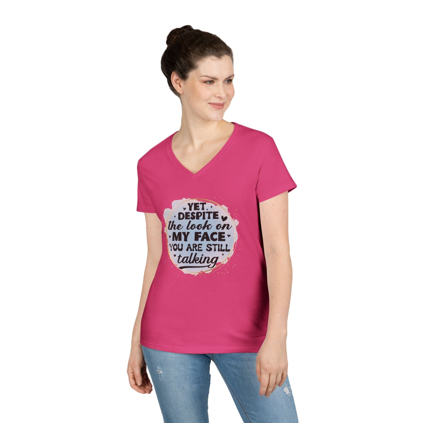 Funny Ladies' V-Neck T-Shirt - "Despite the Look on My Face" - Casual Wear, Gift for Friends, Humor Tee, Everyday Comfort, [...]