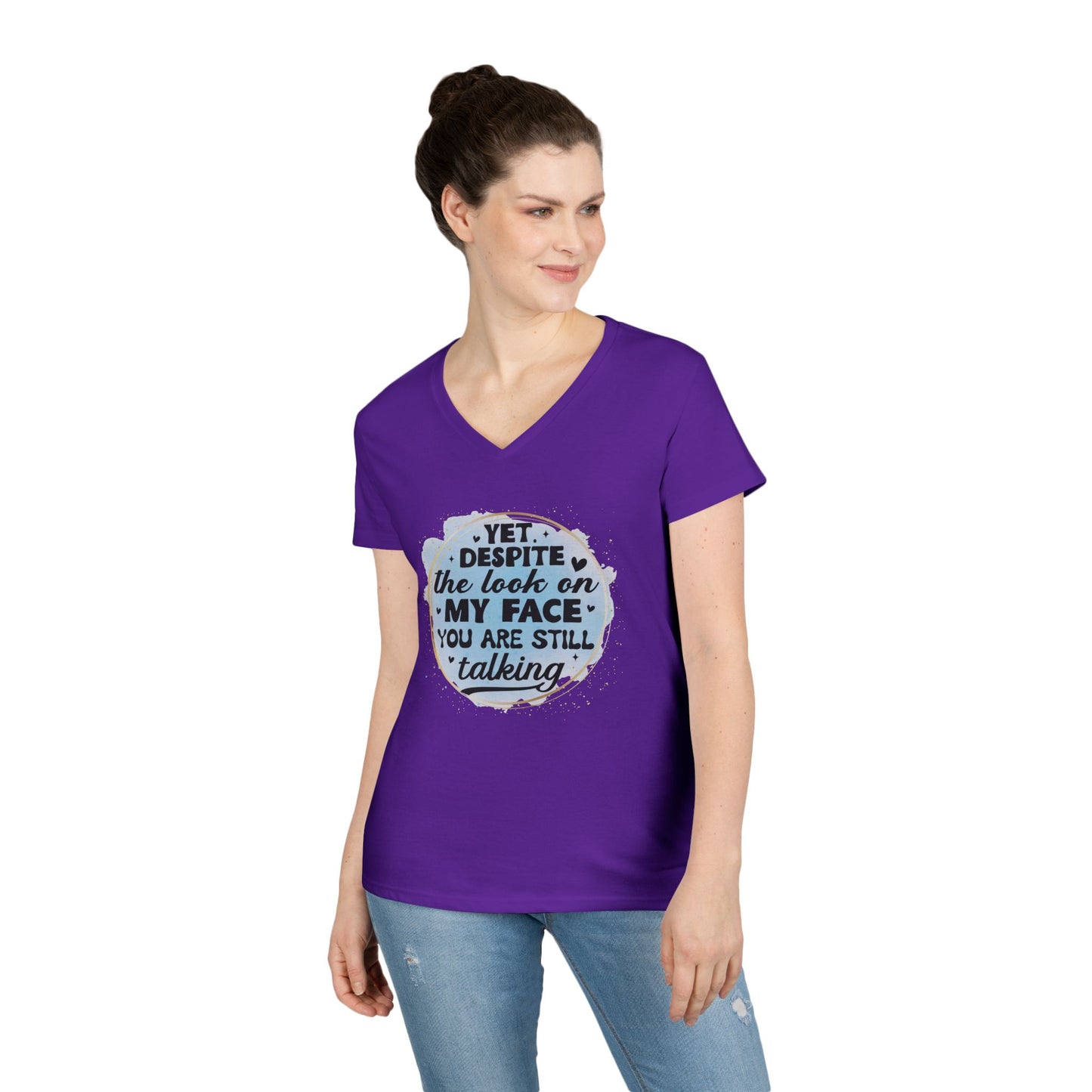 Funny Ladies' V-Neck T-Shirt - "Despite the Look on My Face" - Casual Wear, Gift for Friends, Humor Tee, Everyday Comfort, [...]