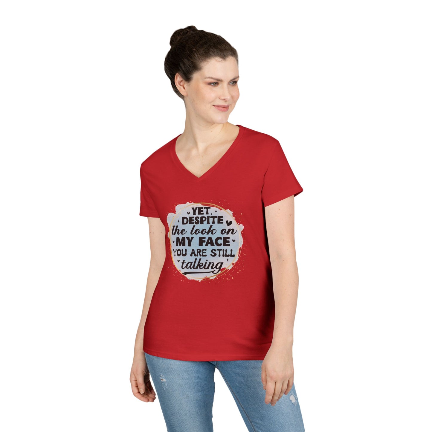 Funny Ladies' V-Neck T-Shirt - "Despite the Look on My Face" - Casual Wear, Gift for Friends, Humor Tee, Everyday Comfort, [...]